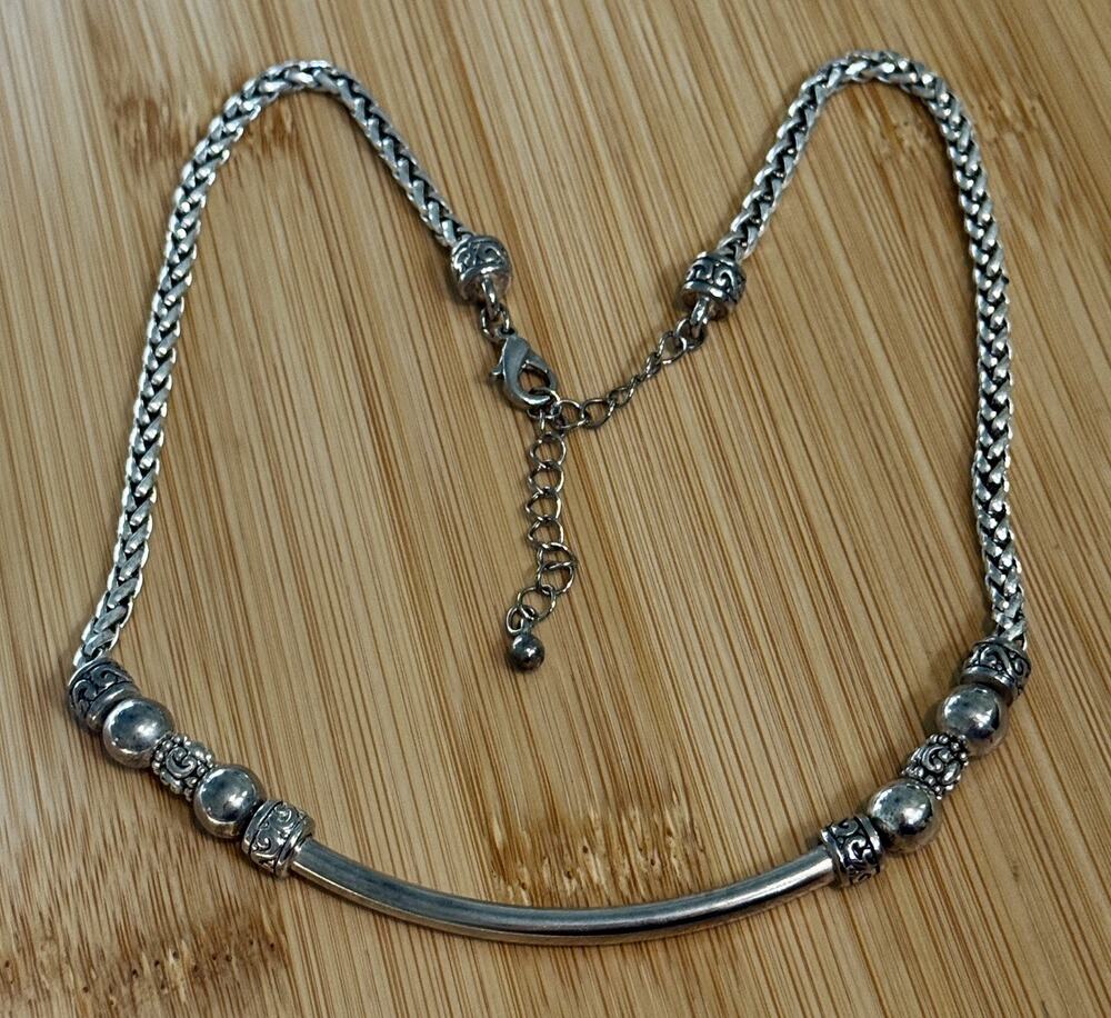 Vintage Brighton Silver Plated Curved Bar Bead Woven Chain Necklace 21” Adjustab